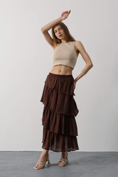 Katlı Kesim Uzun Etek - Kahve ürün görseli