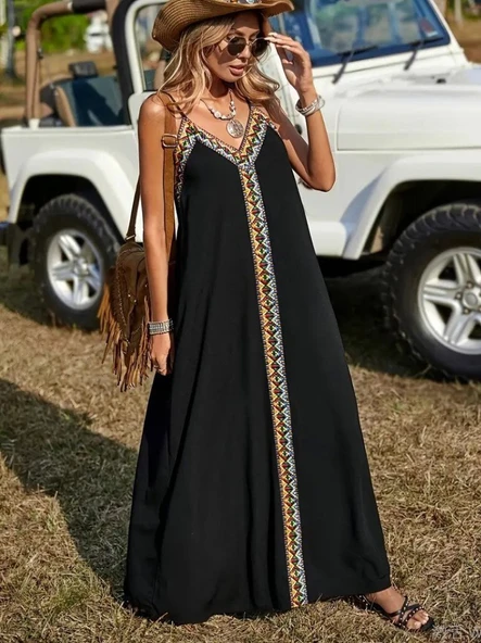 Kadın Askılı V Yakalı Etnik şerit Detaylı Uzun Viskon Elbise - Resim 3