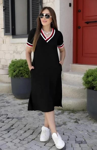 Kadın Kısa Kollu V Yaka Ve Yaka Ribana Detay Midiboy Viskon Elbise - Resim 3