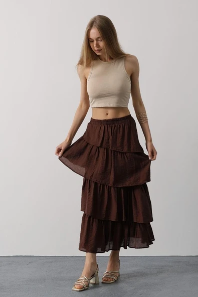 Katlı Kesim Uzun Etek - Kahve - Resim 3