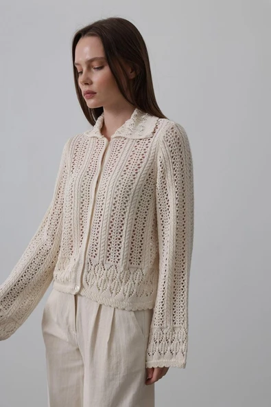 Gömlek Yaka Uzun Kol Triko - Ekru - Resim 2