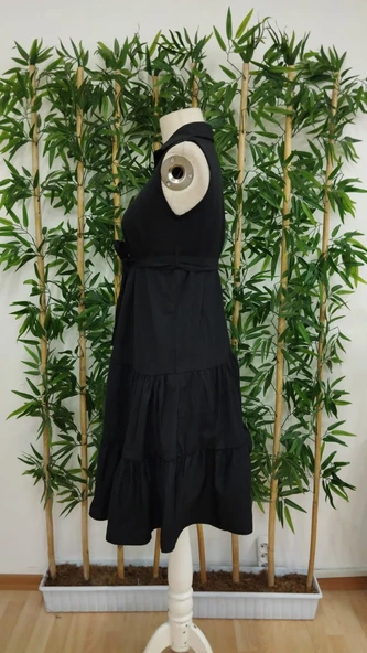 Kadın Kısa Kollu Gömlek Yaka Düğmeli Beli Kuşaklı Katlı Dokuma Midi Elbise - Resim 7