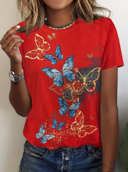 Kadın Kısa Kollu Mavi Sarı Kelebek Baskı Süprem Bluz - Resim 9