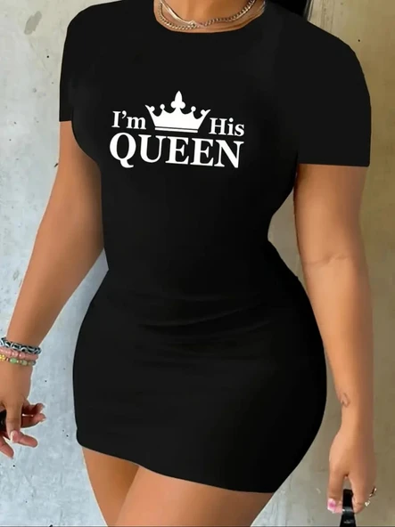 Kadın Kısa Kollu Queen Baskı Iki Iplik Mini Elbise - Resim 2