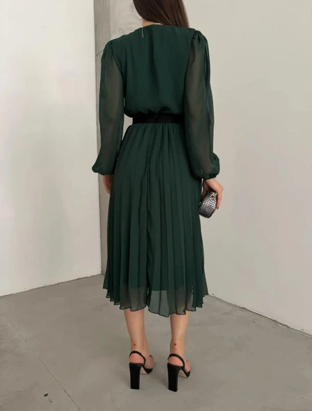 Kadın şifon Kumaş Astalı Kloş Kesim Kruvaze Yaka Midi Boy Elbise - Resim 3