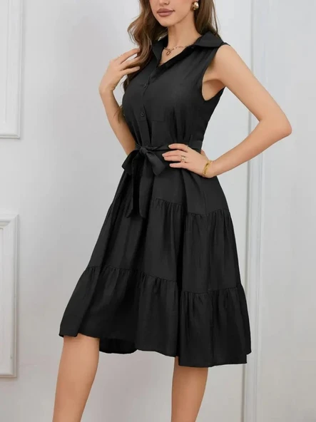 Kadın Kısa Kollu Gömlek Yaka Düğmeli Beli Kuşaklı Katlı Dokuma Midi Elbise ürün görseli