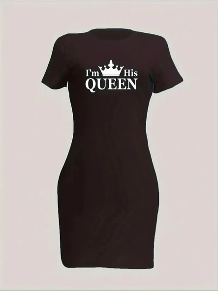 Kadın Kısa Kollu Queen Baskı Iki Iplik Mini Elbise - Resim 3