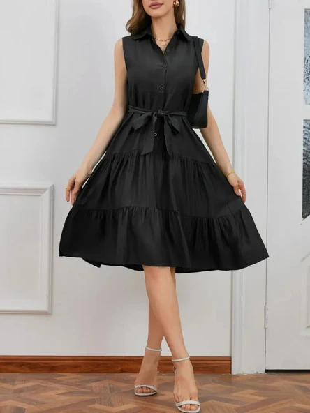 Kadın Kısa Kollu Gömlek Yaka Düğmeli Beli Kuşaklı Katlı Dokuma Midi Elbise - Resim 2