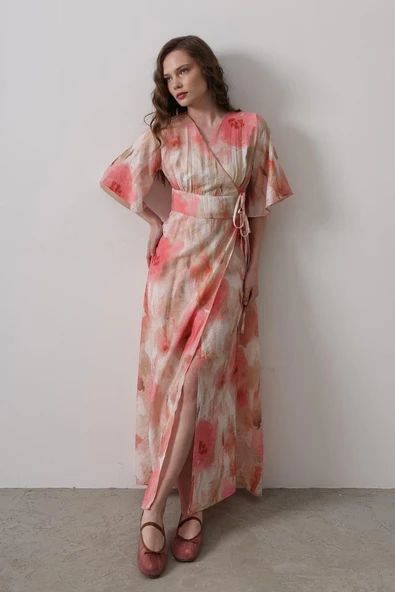 Yandan Bağlamalı Desenli Elbise - Pembe ürün görseli