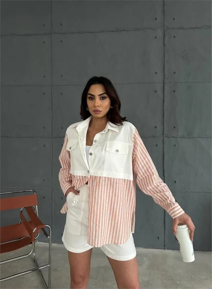 GABARDİN ŞORT - GABARDİN - ÇİZGİLİ KETEN GARNİLİ CEKET TAKIM - Orange - Resim 6