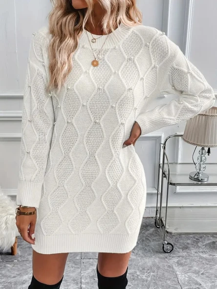 Kadın Uzun Kollu Bisiklet Yaka Desenli Triko Elbise - Resim 5