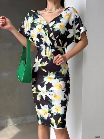 Kadın Dalgıç Kumaş V Yaka çiçek Desenli Kuşaklı Kalem Elbise ürün görseli