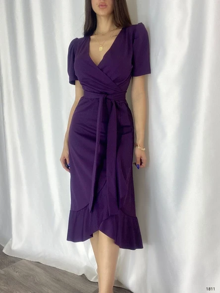 Kadın Kruvaze Yaka Midi Boy Kuşaklı Krep Elbise 120 Cm - Resim 6