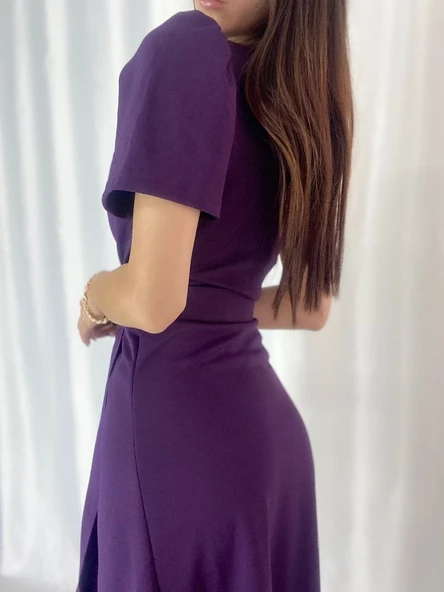 Kadın Kruvaze Yaka Midi Boy Kuşaklı Krep Elbise 120 Cm - Resim 8