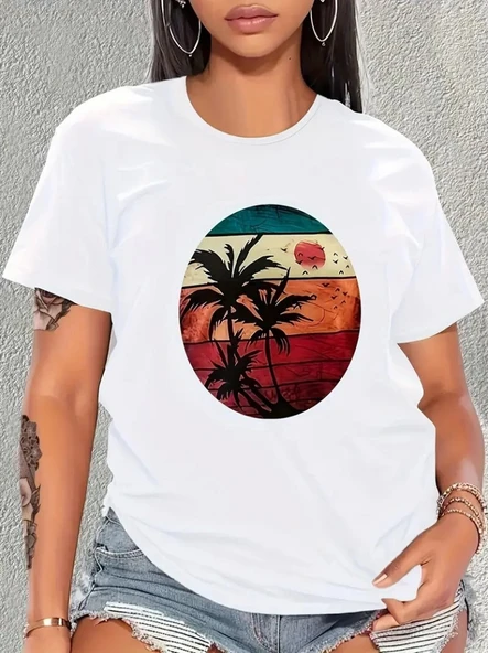Kadın Kısa Kollu Palmiye Baskılı Viskon T-shirt - Resim 11