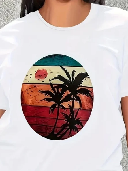 Kadın Kısa Kollu Palmiye Baskılı Viskon T-shirt - Resim 9