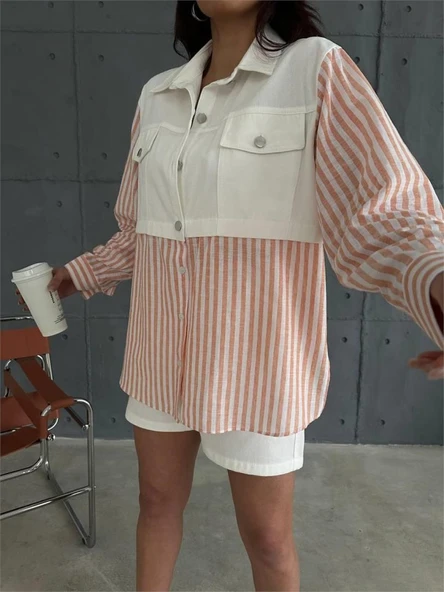 GABARDİN ŞORT - GABARDİN - ÇİZGİLİ KETEN GARNİLİ CEKET TAKIM - Orange - Resim 8