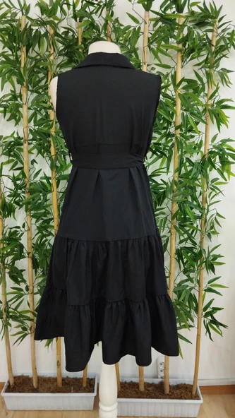 Kadın Kısa Kollu Gömlek Yaka Düğmeli Beli Kuşaklı Katlı Dokuma Midi Elbise - Resim 8