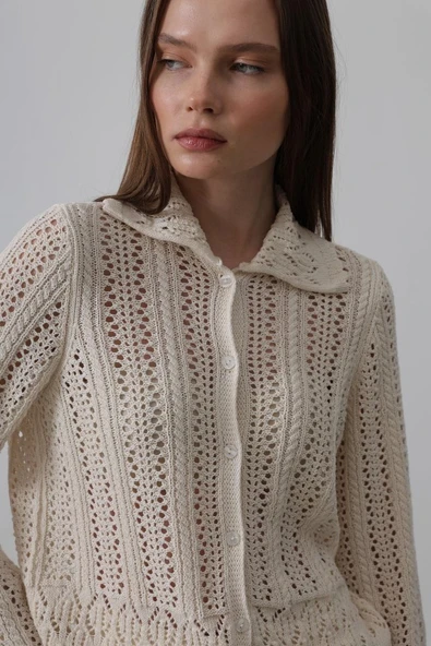 Gömlek Yaka Uzun Kol Triko - Ekru - Resim 3