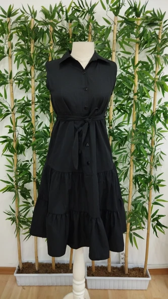 Kadın Kısa Kollu Gömlek Yaka Düğmeli Beli Kuşaklı Katlı Dokuma Midi Elbise - Resim 6