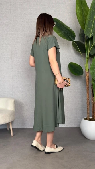 Kadın Kısa Kollu V Yaka Salaş Maxi Boy Elbise - Resim 4