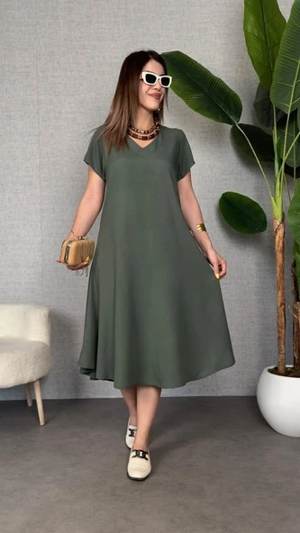 Kadın Kısa Kollu V Yaka Salaş Maxi Boy Elbise ürün görseli