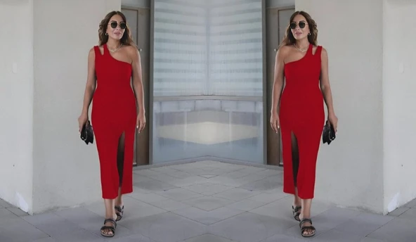 Kadın Kolsuz Tek Omuz Damla Detay JanJan Krep Elbise - Resim 3