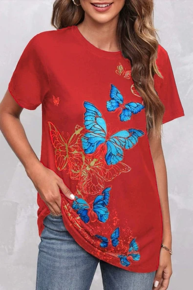 Kadın Kısa Kollu Mavi Sarı Kelebek Baskı Süprem Bluz - Resim 6