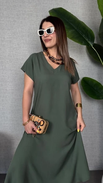 Kadın Kısa Kollu V Yaka Salaş Maxi Boy Elbise - Resim 3