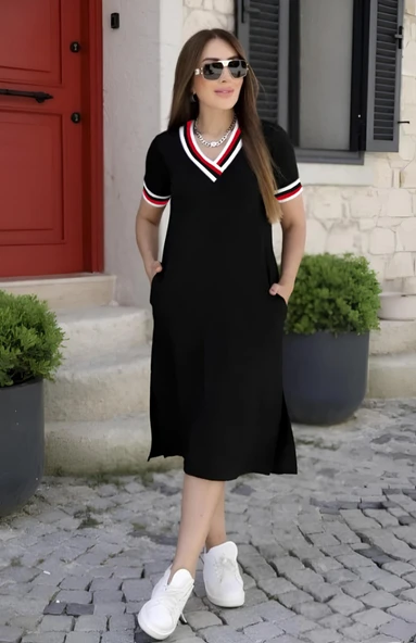 Kadın Kısa Kollu V Yaka Ve Yaka Ribana Detay Midiboy Viskon Elbise ürün görseli