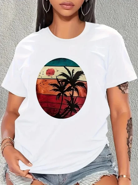 Kadın Kısa Kollu Palmiye Baskılı Viskon T-shirt - Resim 16