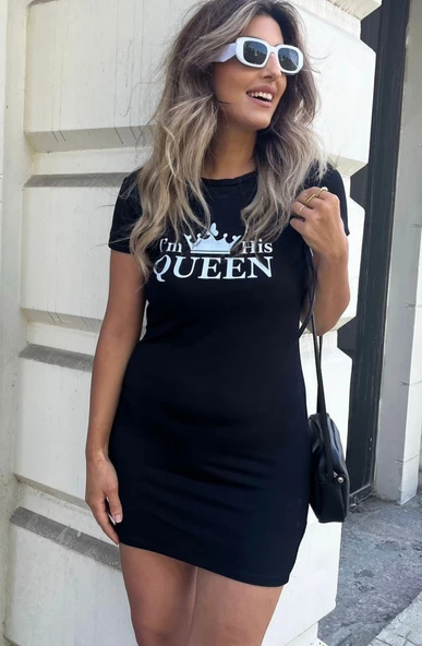 Kadın Kısa Kollu Queen Baskı Iki Iplik Mini Elbise - Resim 7