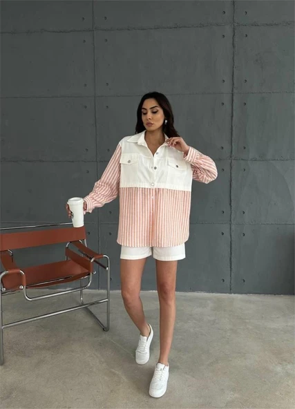 GABARDİN ŞORT - GABARDİN - ÇİZGİLİ KETEN GARNİLİ CEKET TAKIM - Orange - Resim 5