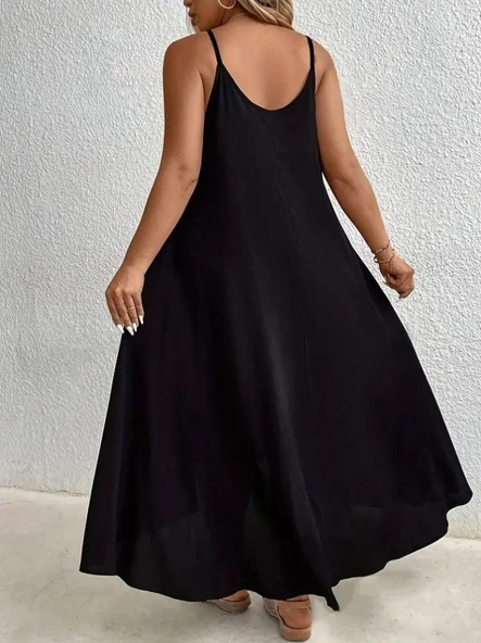 Kadın Boyundan Askılı Damla Detaylı Halkalı Asimetrik Kesim Viskon Elbise - Resim 5