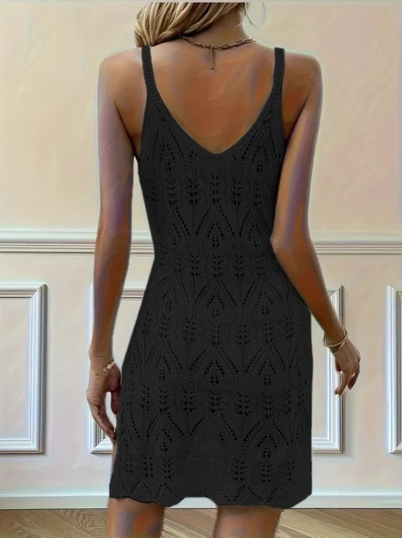 Kadın Askılı Desenli Yandan Yırtmaçlı Triko Elbise - Resim 5