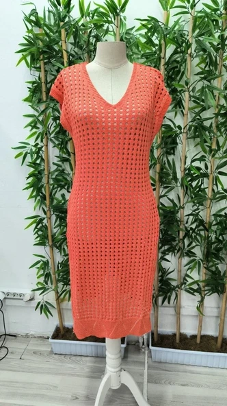 Kadın Sıfır Kol V Yaka Yanı Derin Yırtmaçlı Midi Boy Triko Elbise - Resim 7