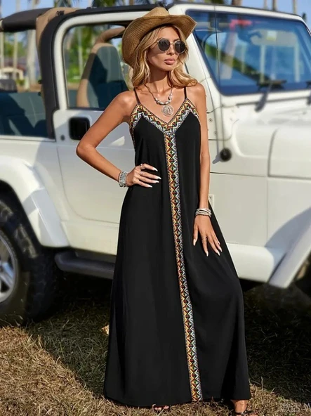 Kadın Askılı V Yakalı Etnik şerit Detaylı Uzun Viskon Elbise ürün görseli