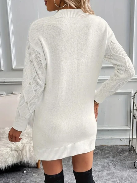 Kadın Uzun Kollu Bisiklet Yaka Desenli Triko Elbise - Resim 4