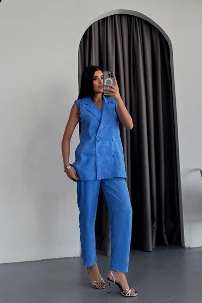 JAKAR KUMAŞ YELEK - PANTOLON TAKIM - Mavi - Resim 2
