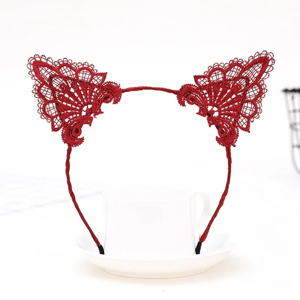 Dantelli Kırmızı Kedi Tacı - Vintage Tarz Dantel Kedi Kulak - Resim 2