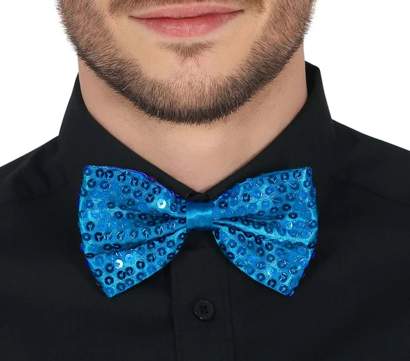 Açık Mavi Turkuaz Payetli Pullu Papyon - Resim 3