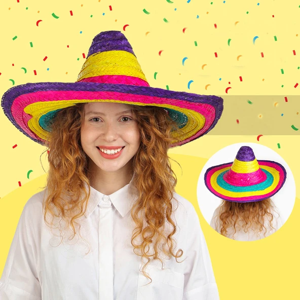 Sombrero Meksika Şapkası Renkli Örme Hasır Çocuk Boy - Resim 9