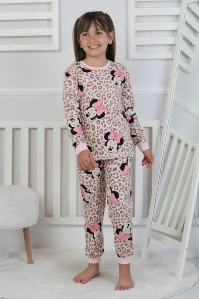 Leopar Desenli Minnie Mouse Kız Çocuk Pijama Takımı - 4