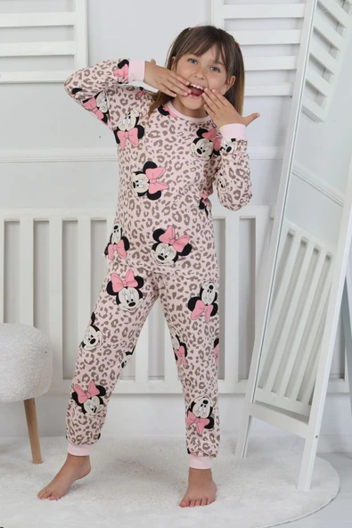 Leopar Desenli Minnie Mouse Kız Çocuk Pijama Takımı - 6