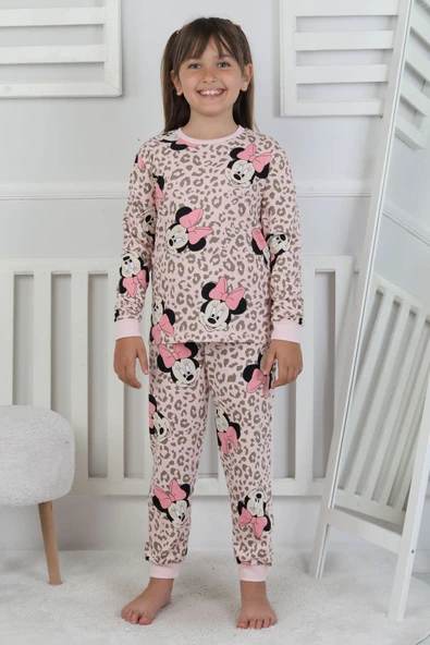 Leopar Desenli Minnie Mouse Kız Çocuk Pijama Takımı - 5