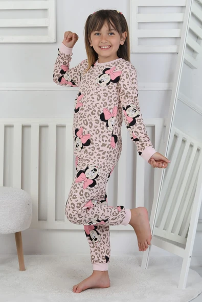 Leopar Desenli Minnie Mouse Kız Çocuk Pijama Takımı - 1