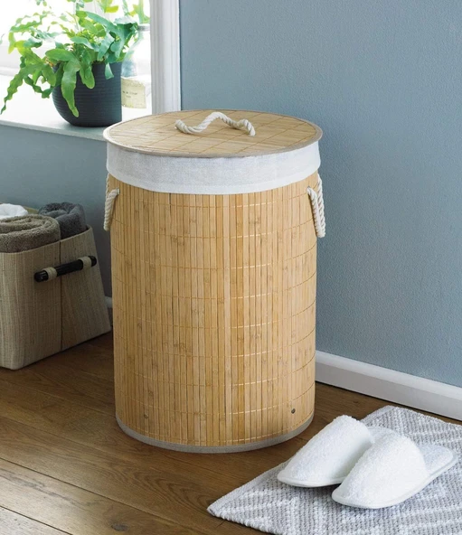DecoHandy Yuvarlak Bambu Kirli Sepeti - 5