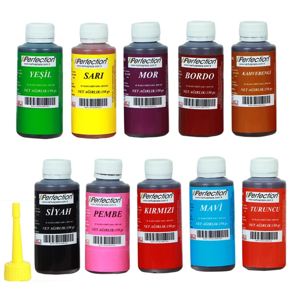 Perfection CHEF 10'lu Sıvı Su Bazlı Likit Gıda Boyası Kahverengi Siyah Bordo Pembe Turuncu Sarı Kırmızı Mavi Yeşil Mor 10 X 150 gr . ürün görseli