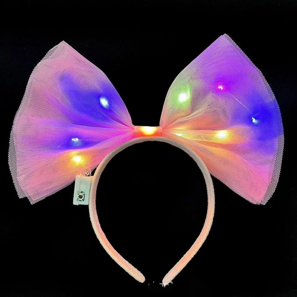 Rengarenk Led Işıklı Fiyonk Tül Parti Tacı Pembe - Resim 3