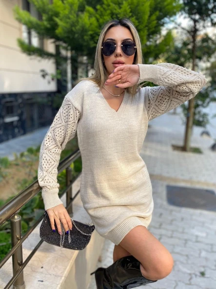 Kadın Uzun Kollu V Yakalı Mini Triko Elbise - Resim 3